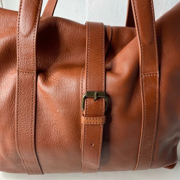 LL Bean Signature Tan Womens Leather Fold Over Shoulder Tote Work Computer Large - Picture 3 of 14